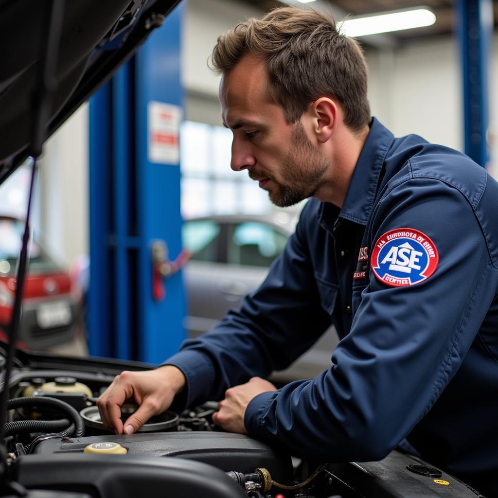 ASE Certified Technician Working on a Car in a Repair Shop