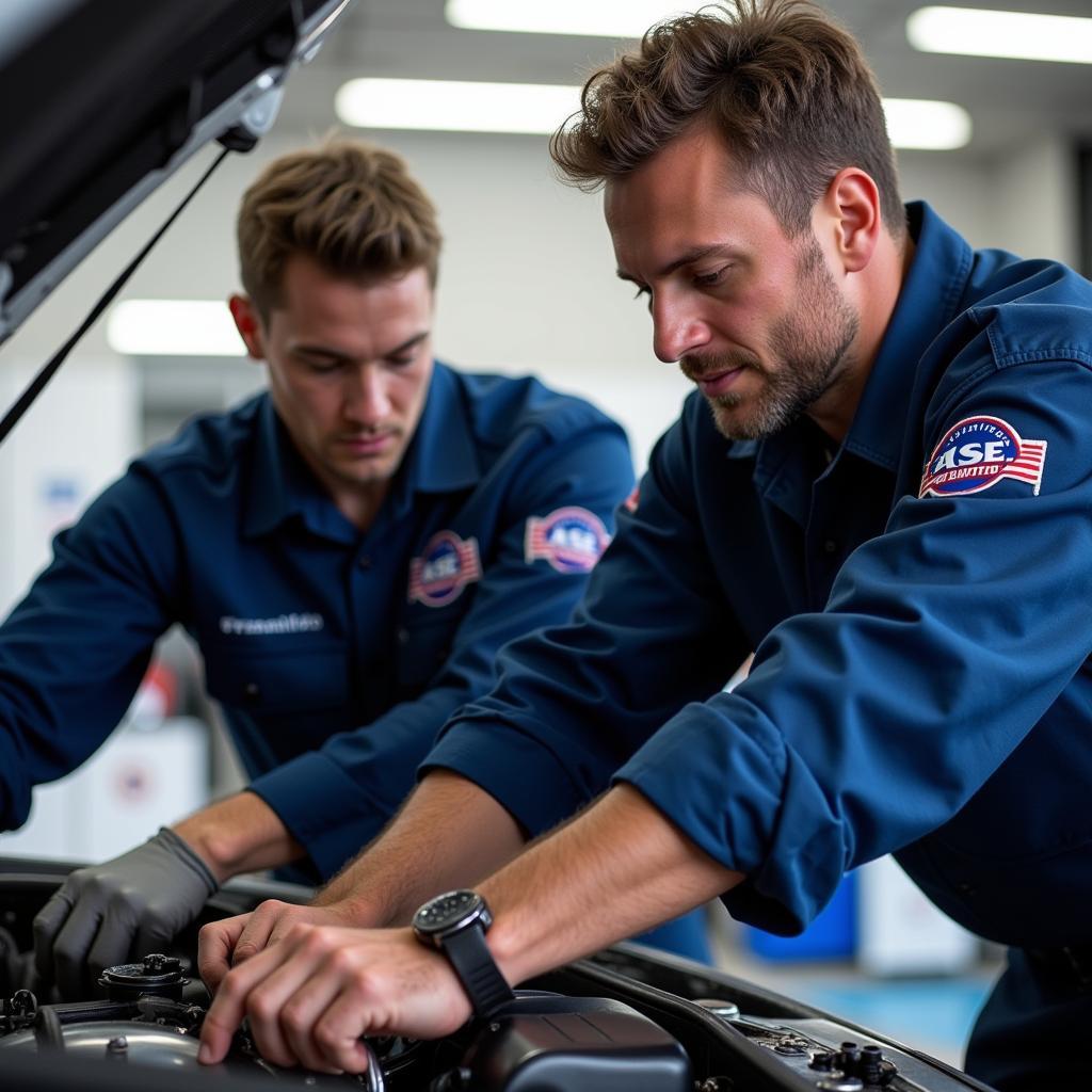 ASE-Certified Technicians Working on a Car Engine