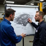 Mechanic explaining car repairs to a customer at Bob's Auto Service