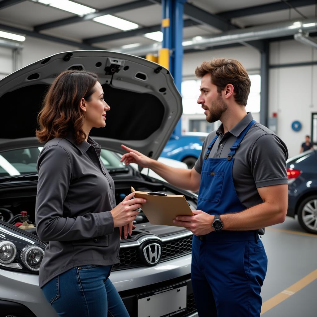 Customer discussing car repairs with a mechanic in Acworth, GA