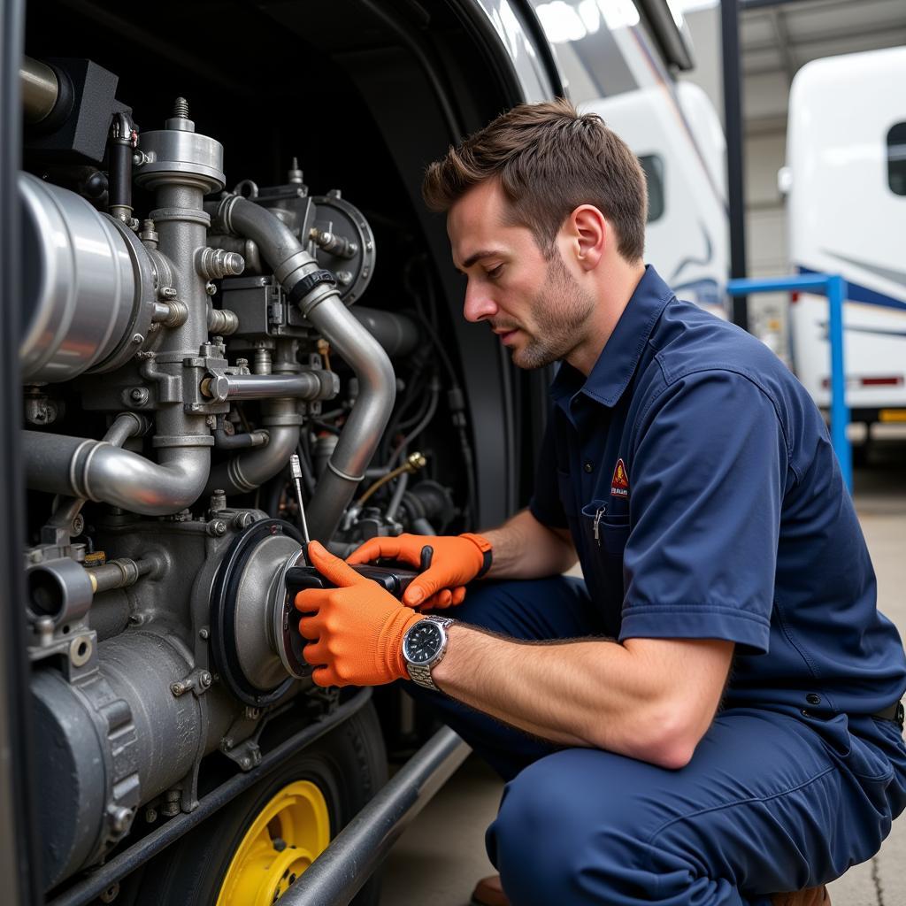 Mechanic Working on an RV Engine