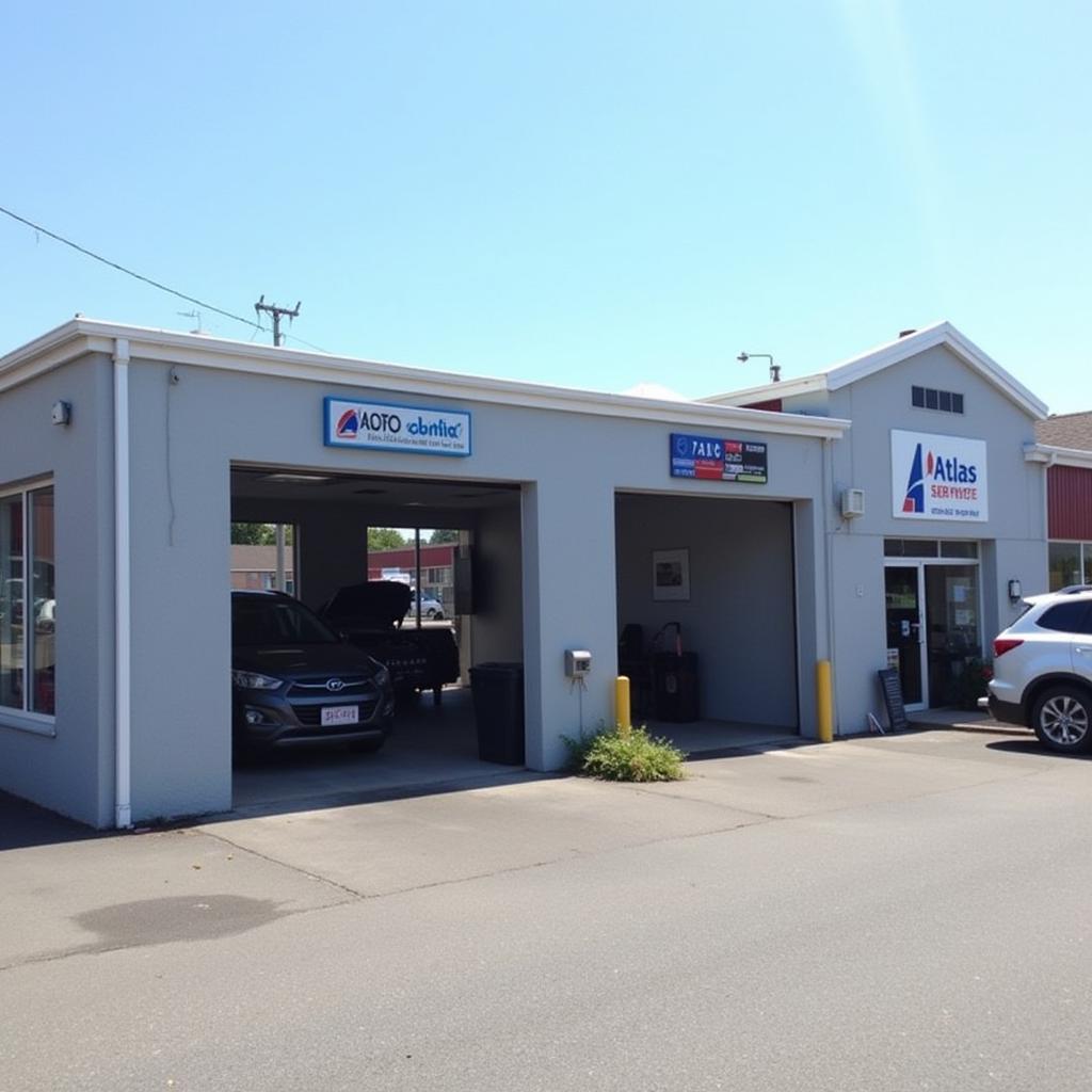 Exterior of Atlas Auto Service Blanchardstown garage, showcasing a clean, modern facility with welcoming signage.