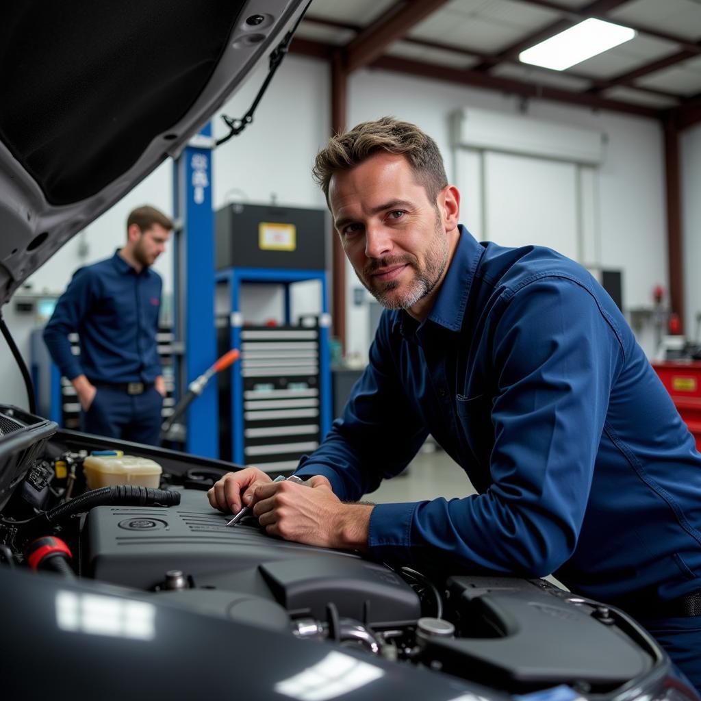 Mechanic working on a car engine at Atlas Auto Service Blanchardstown, demonstrating their expertise.