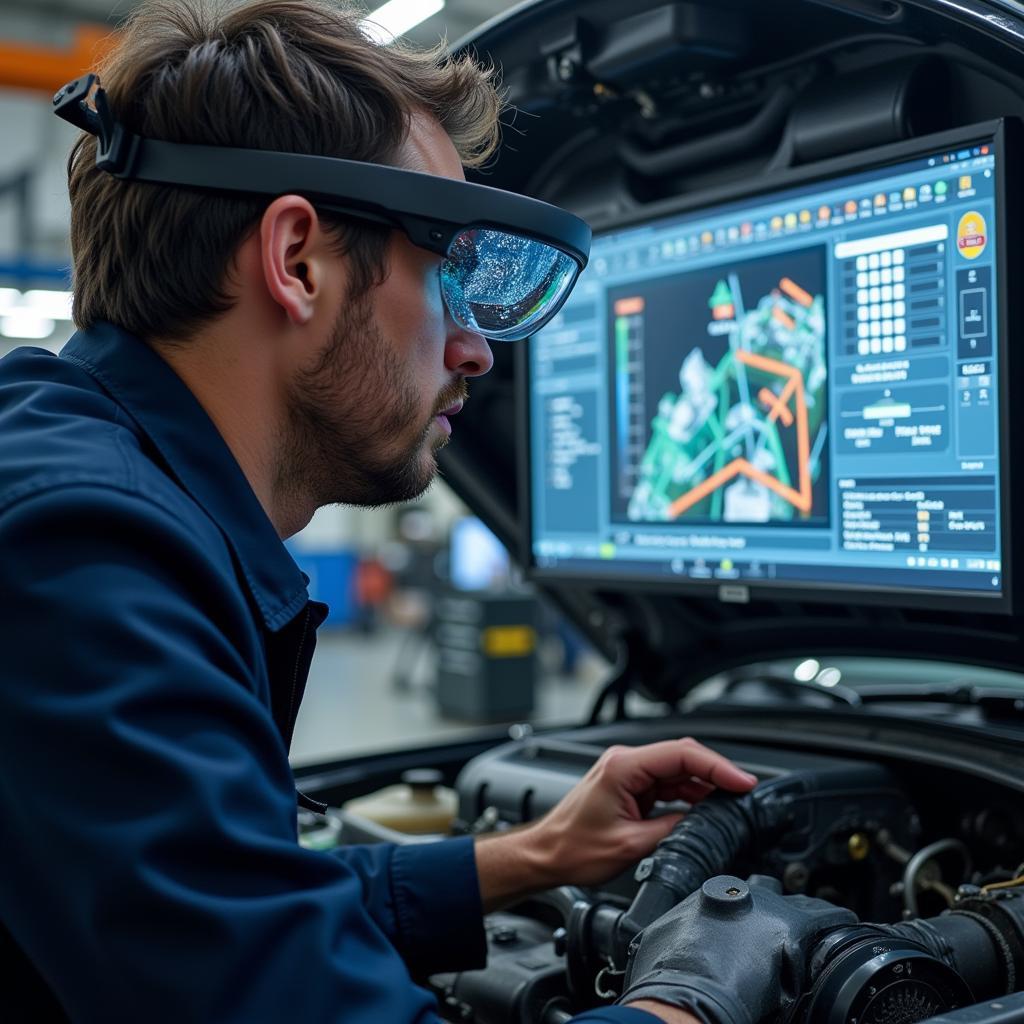 Mechanic using augmented reality for car repair