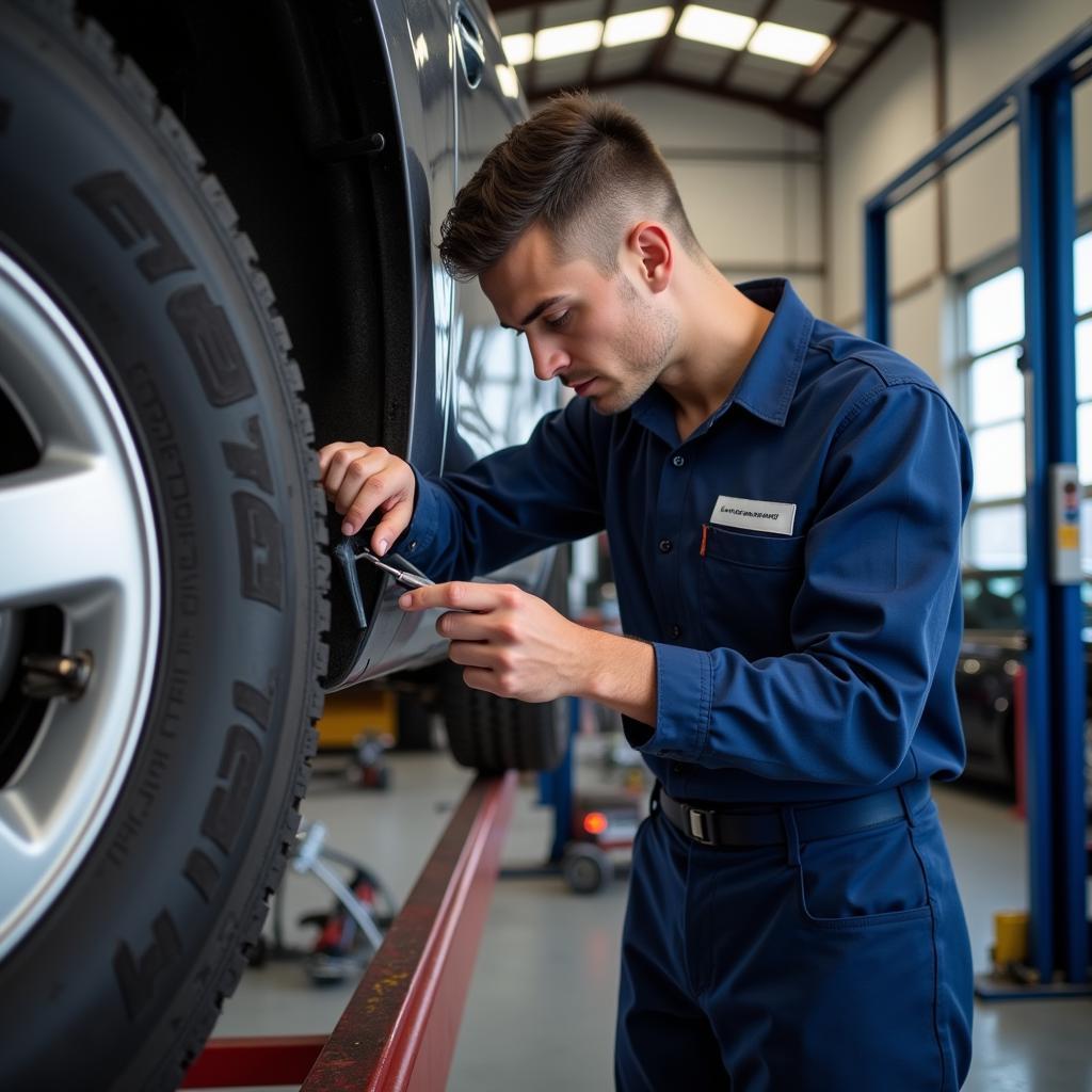 Mechanic Checking Car in Austin Auto Service Shop