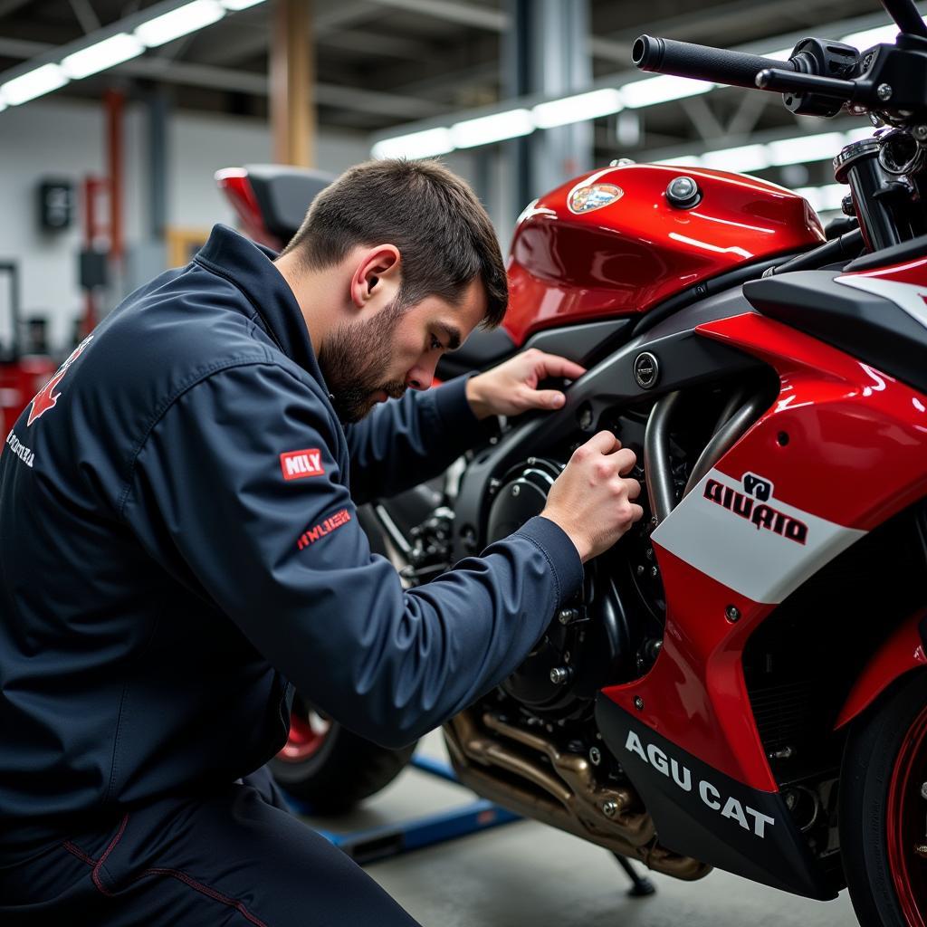 Technician Working on an MV Agusta at an Authorized Service Center