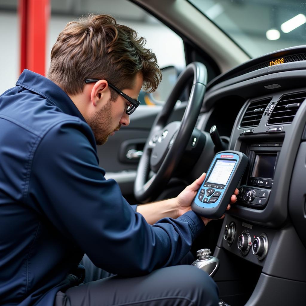 Certified auto AC repair technician working on a vehicle's AC system