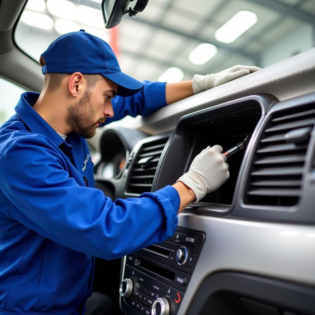 Auto AC Repair Technician Working on Car AC System