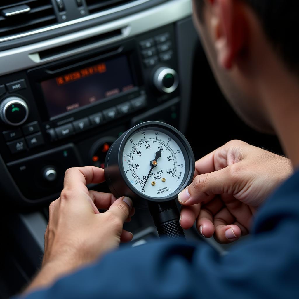 Auto AC Service Process: Technician checking refrigerant levels.