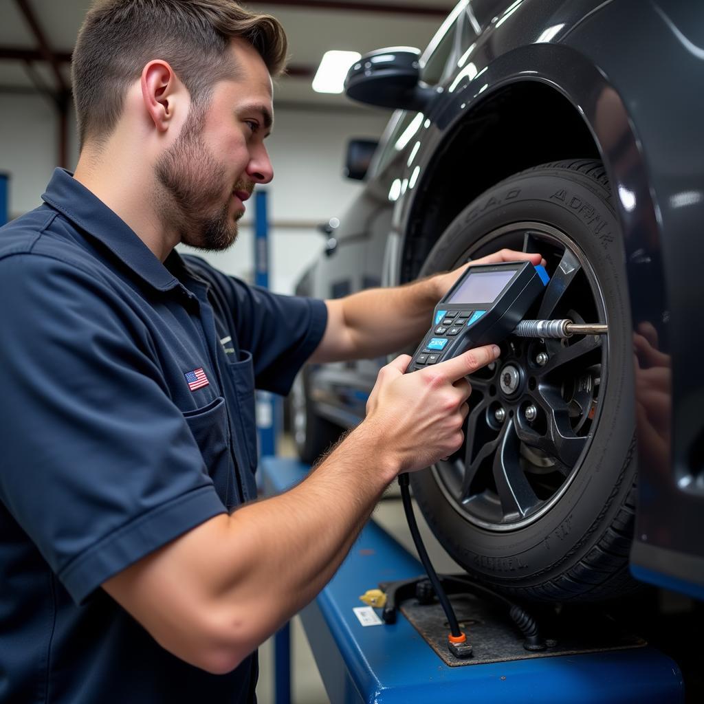 Auto AC Service Technician Checking Refrigerant Levels