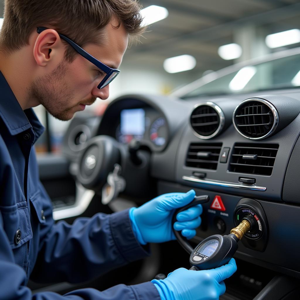 Auto AC service technician checking refrigerant levels