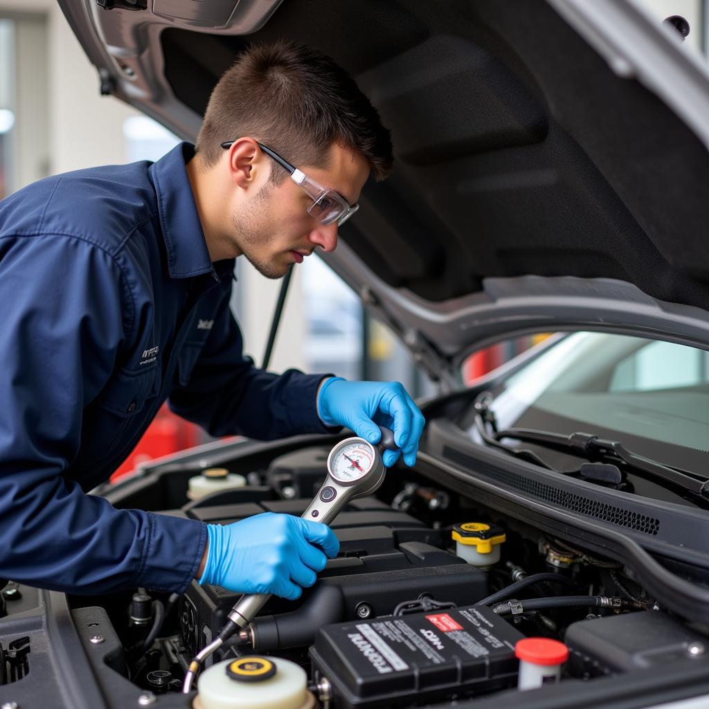 Auto AC Service Technician Checking Refrigerant Levels