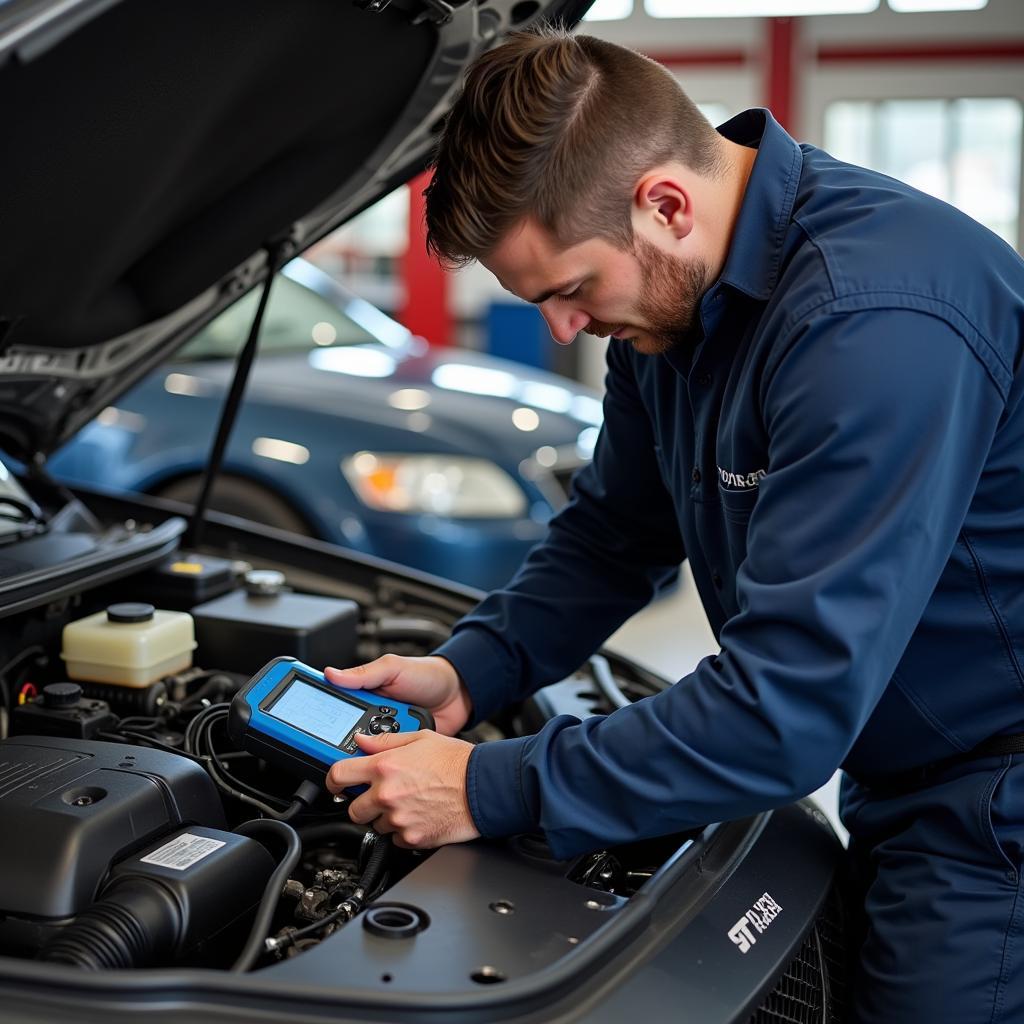 Auto AC Service Technician Performing Diagnostics