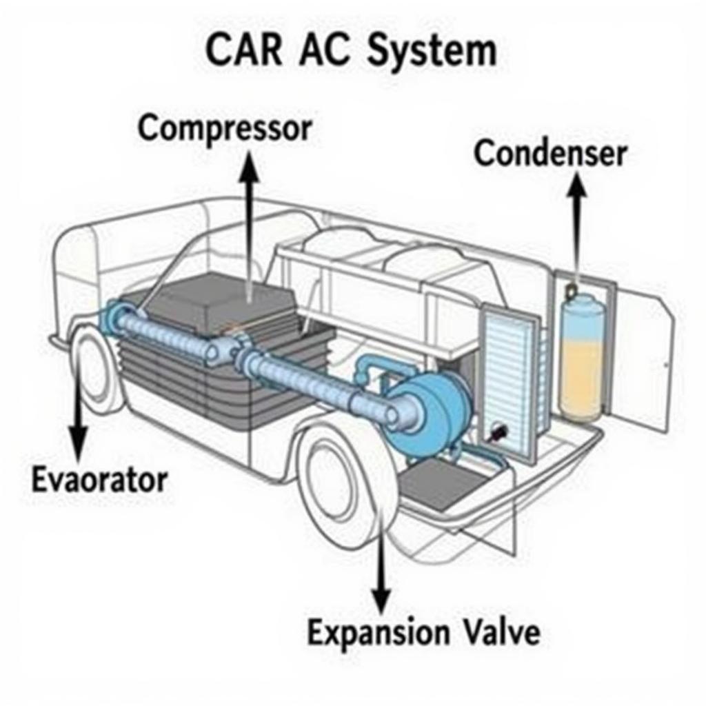 Diagram of a car's AC system with labeled components