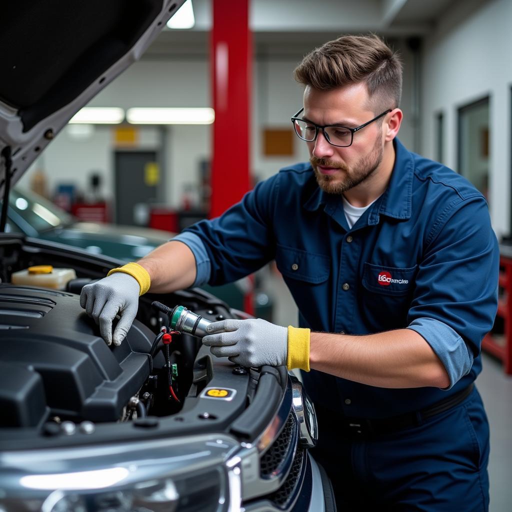 Auto AC technician checking refrigerant levels