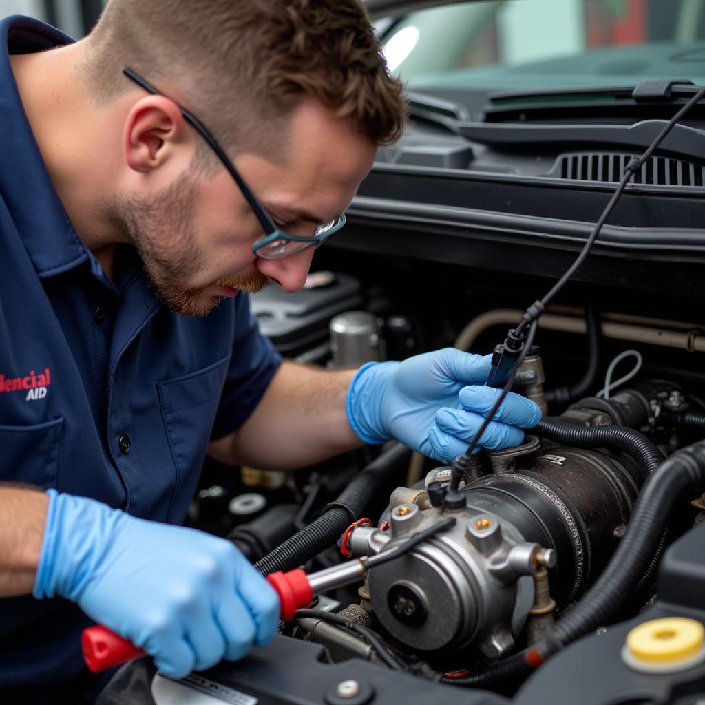 Technician Checking Car AC System