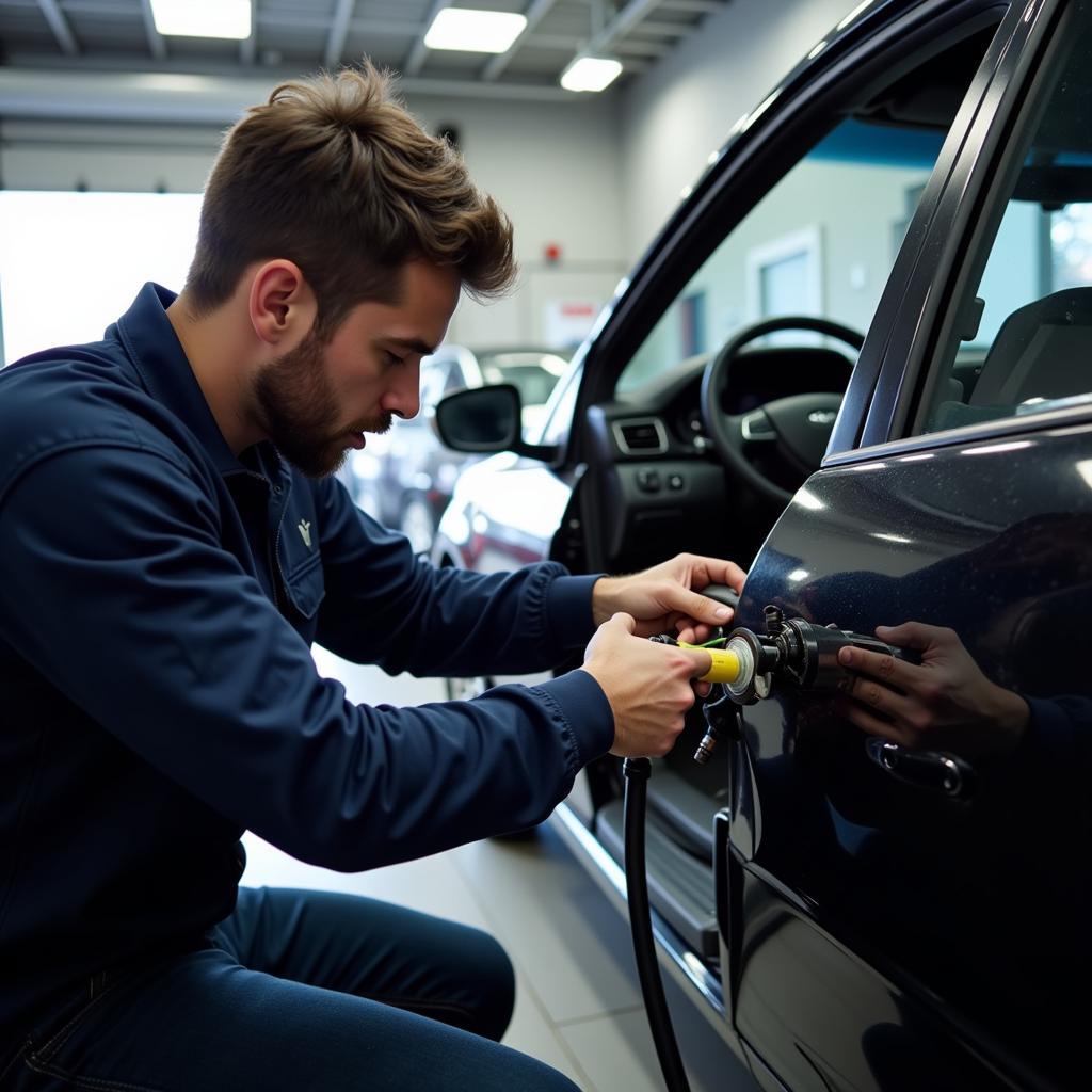 Auto Air Conditioning Service in Plainview: A mechanic inspecting a car's AC system.