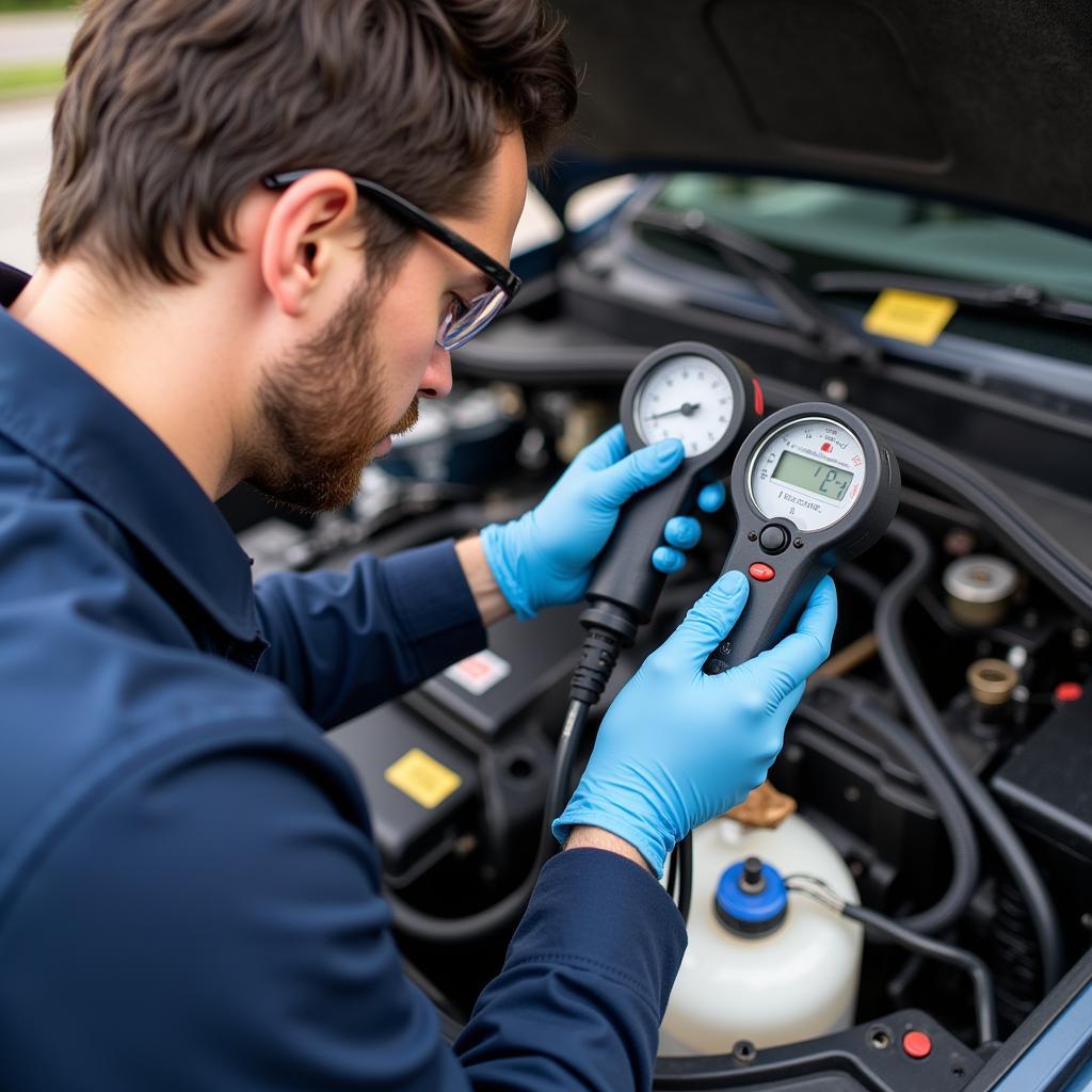 Technician Checking Refrigerant Levels in a Car Air Conditioning System