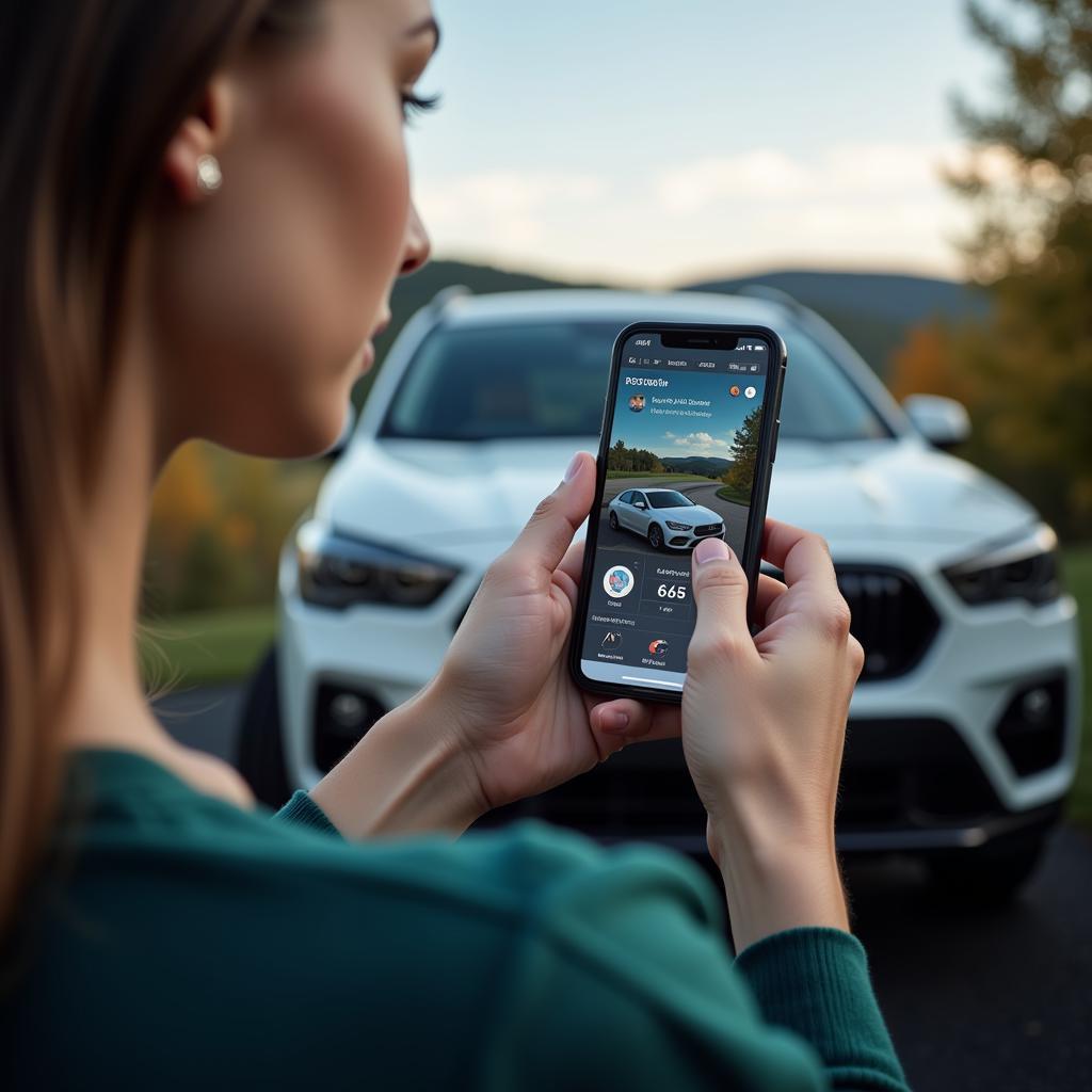 Person using a mobile app to manage their auto service subscription in Stowe, VT.