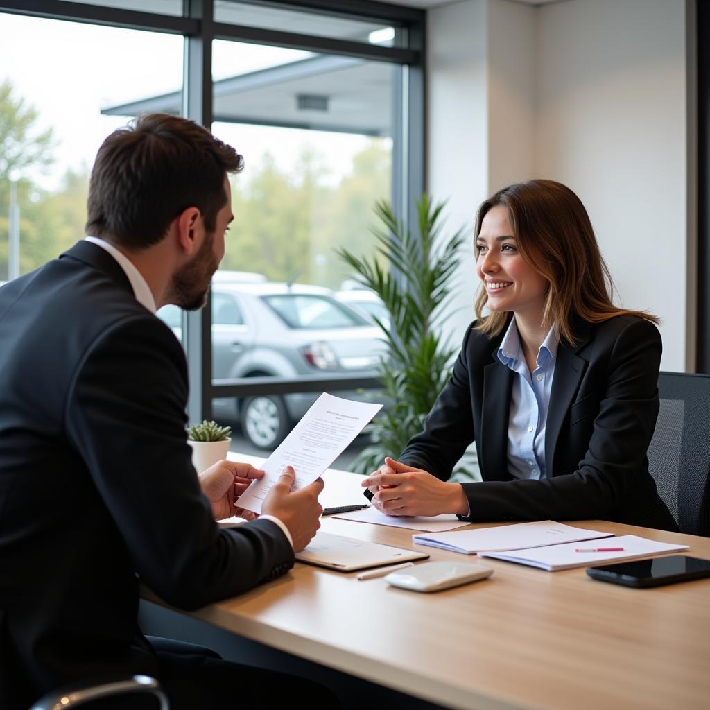 Customer interacting with a representative at an auto bank service center