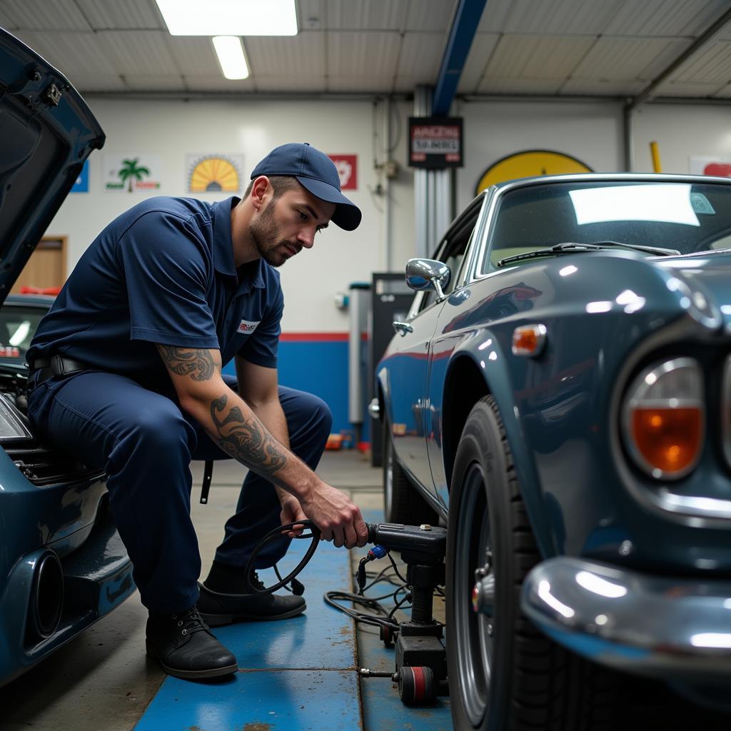 Mechanic working on a car in a Hollywood, Florida, auto shop