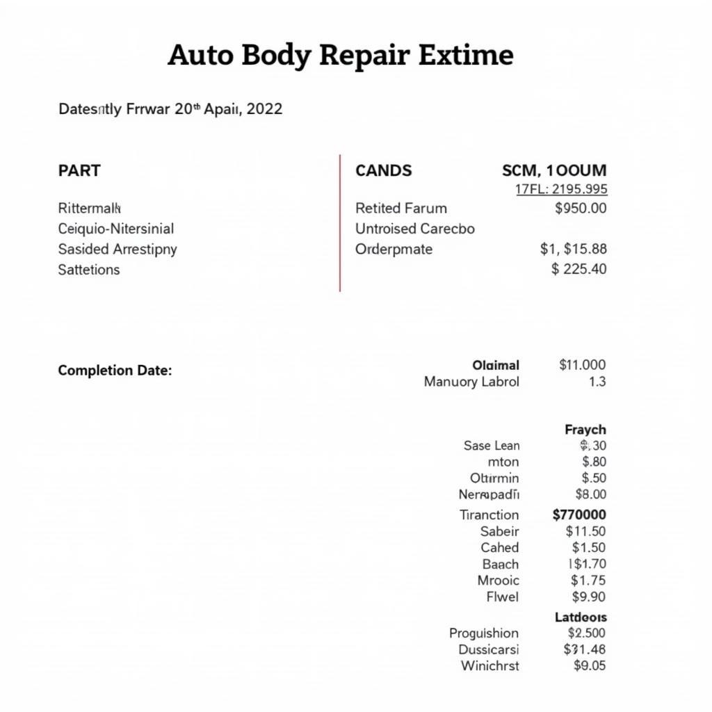 Detailed breakdown of an auto body repair estimate