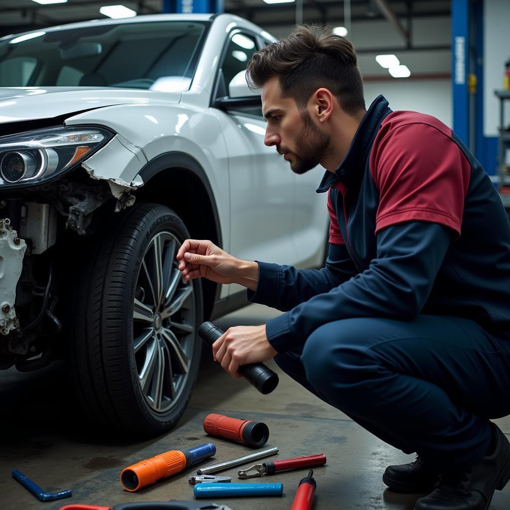 Inspecting a car at an auto body repair shop