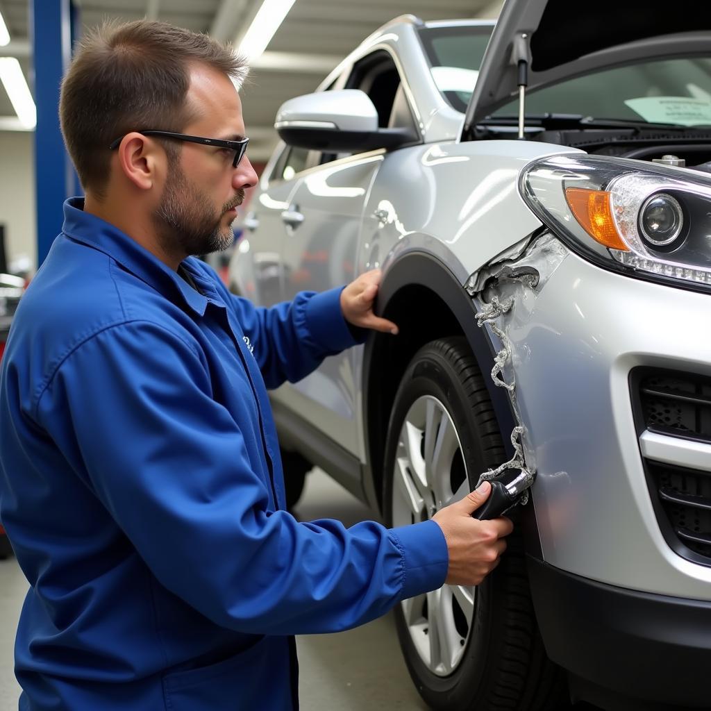 Auto body repair shop in North Plainfield, NJ showing a technician working on a damaged car.