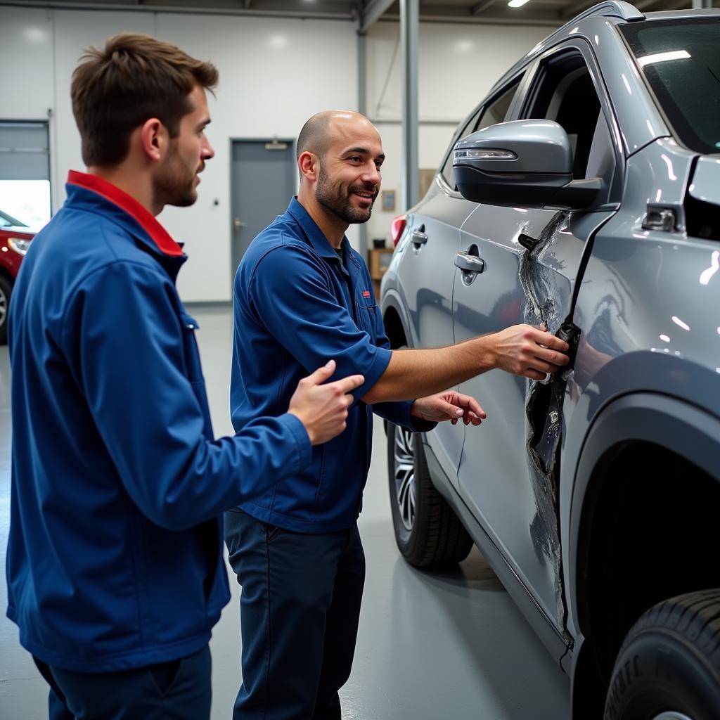 Auto Body Repair Technician Discussing Repair Options with Customer