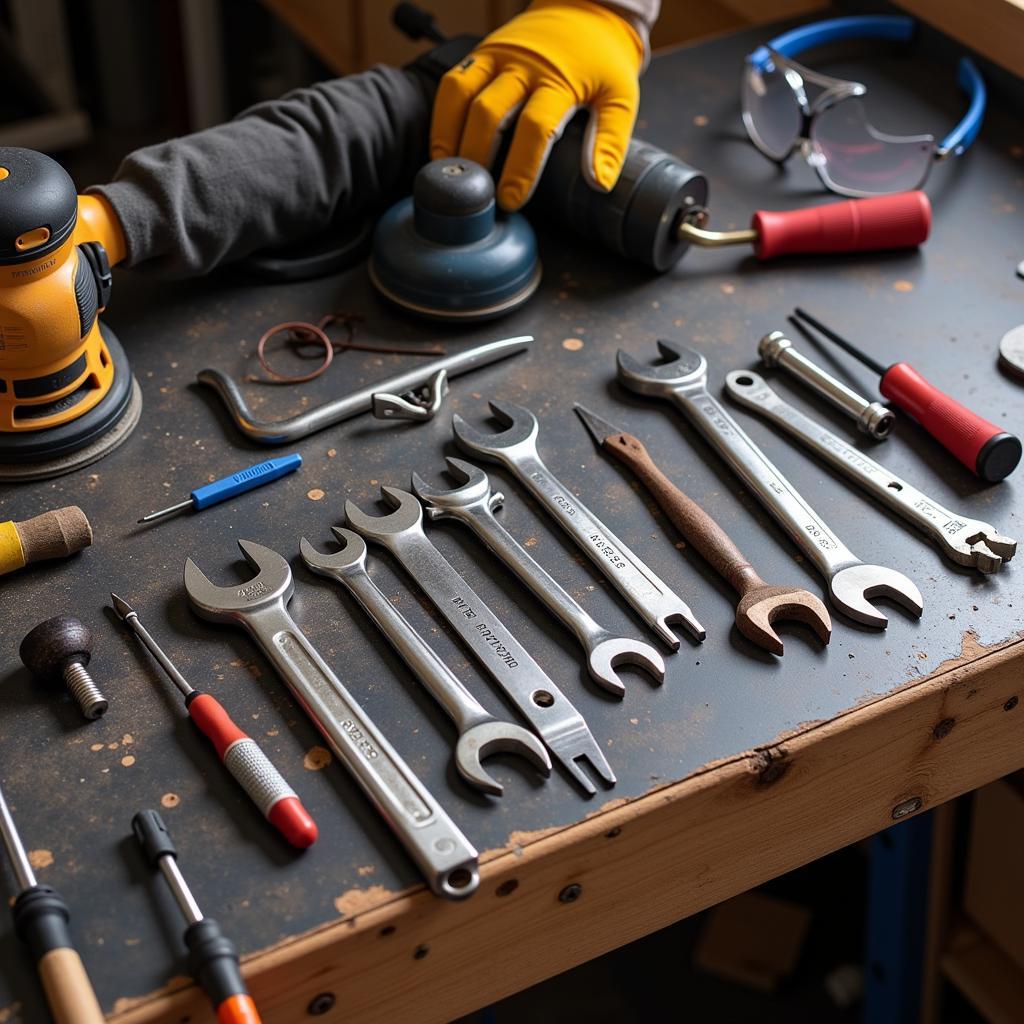 Essential Auto Body Repair Tools in Sacramento: A collection of hand tools, power tools, and safety equipment.