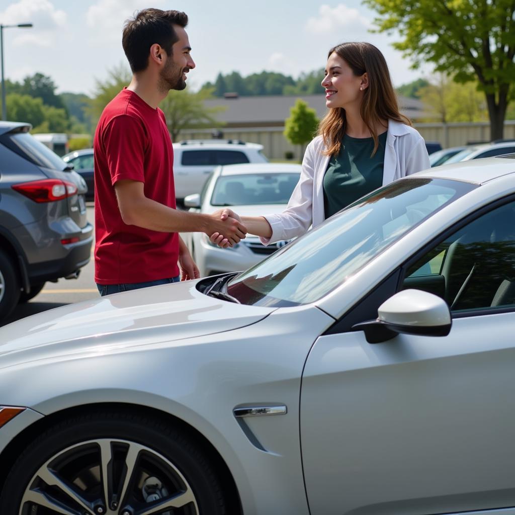 Happy customer receiving their repaired car from an auto body service in North Plainfield, NJ.