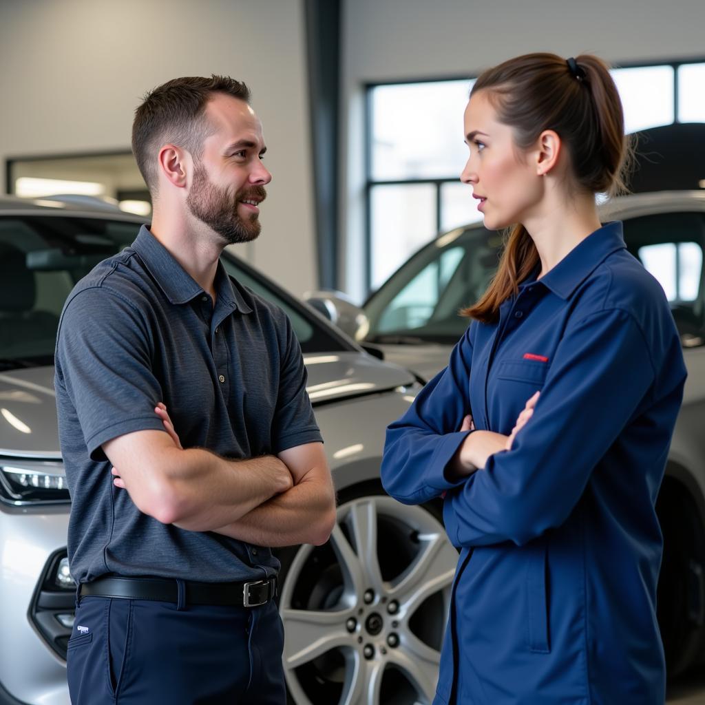 Customer discussing repairs with auto body shop representative