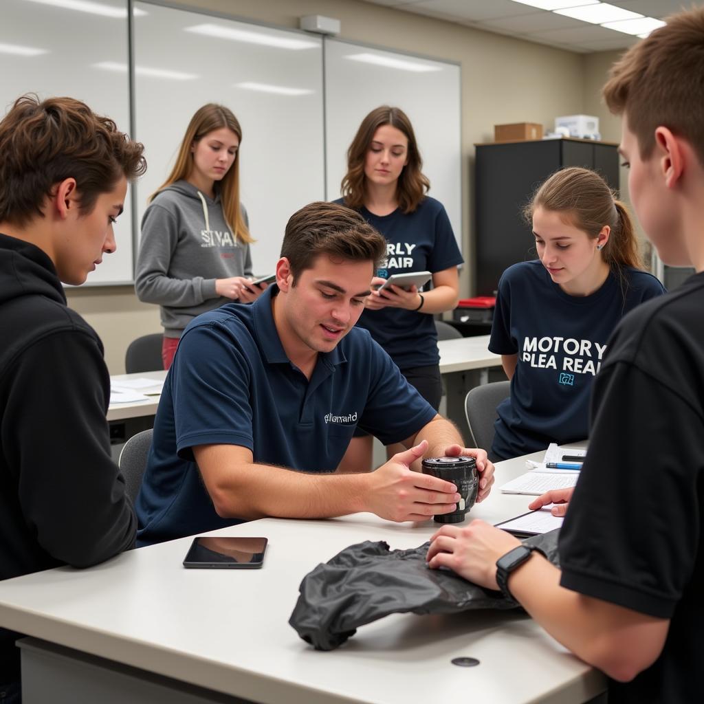 Students learning auto body repair in a training program