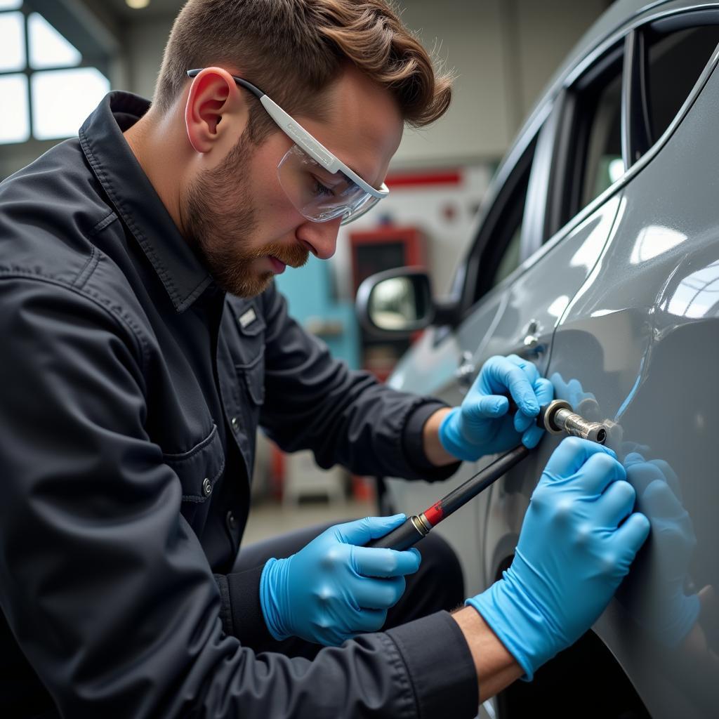 Auto body technician working on a damaged car