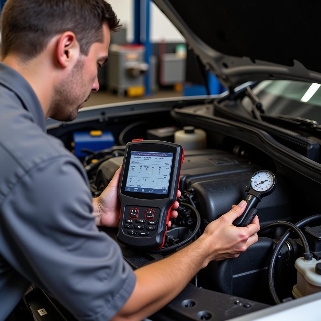 Mechanic using diagnostic tools to troubleshoot an auto box problem.