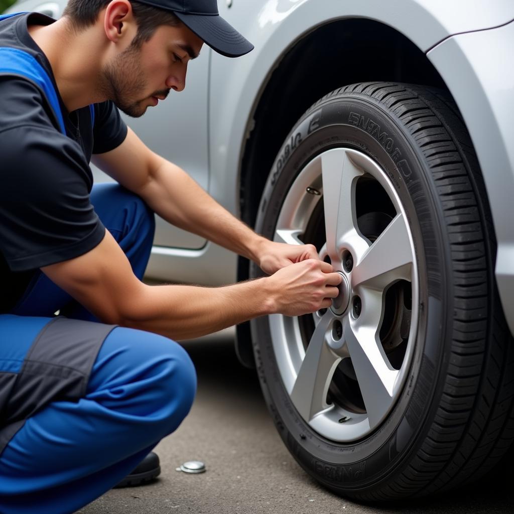 Mechanic Changing a Flat Tire in 34746