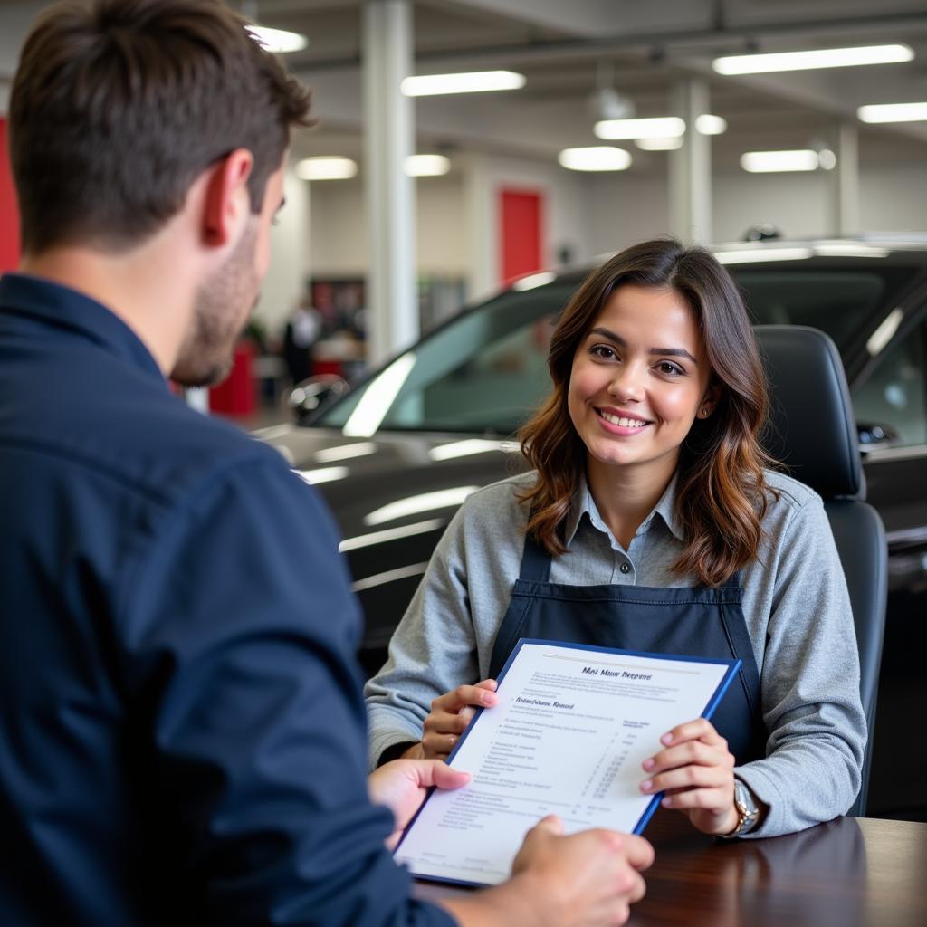 Auto Cave Service Center Customer Service Representative Discussing Repair Options with a Client