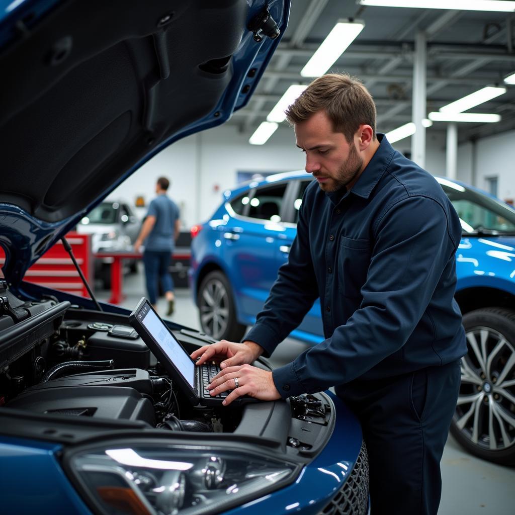 Auto Cave Service Center Technician Diagnosing Car Issues