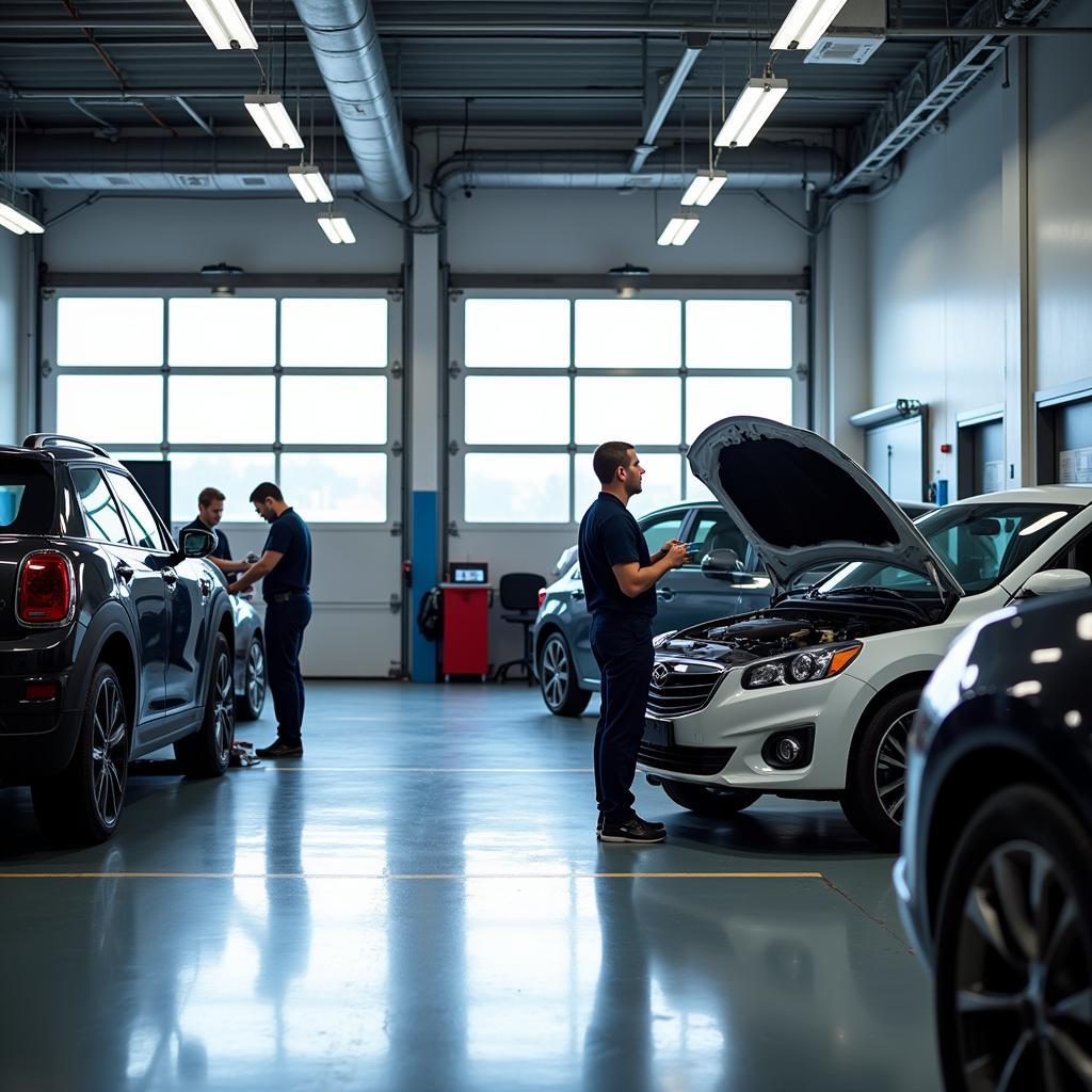 Modern Auto Center Service Bay with Technicians Working