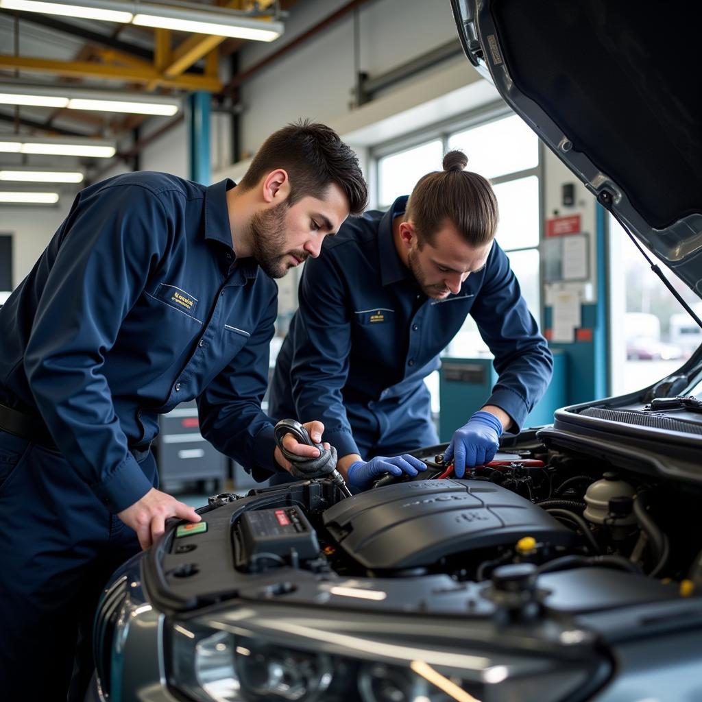 Certified Technicians Working on a Car Engine