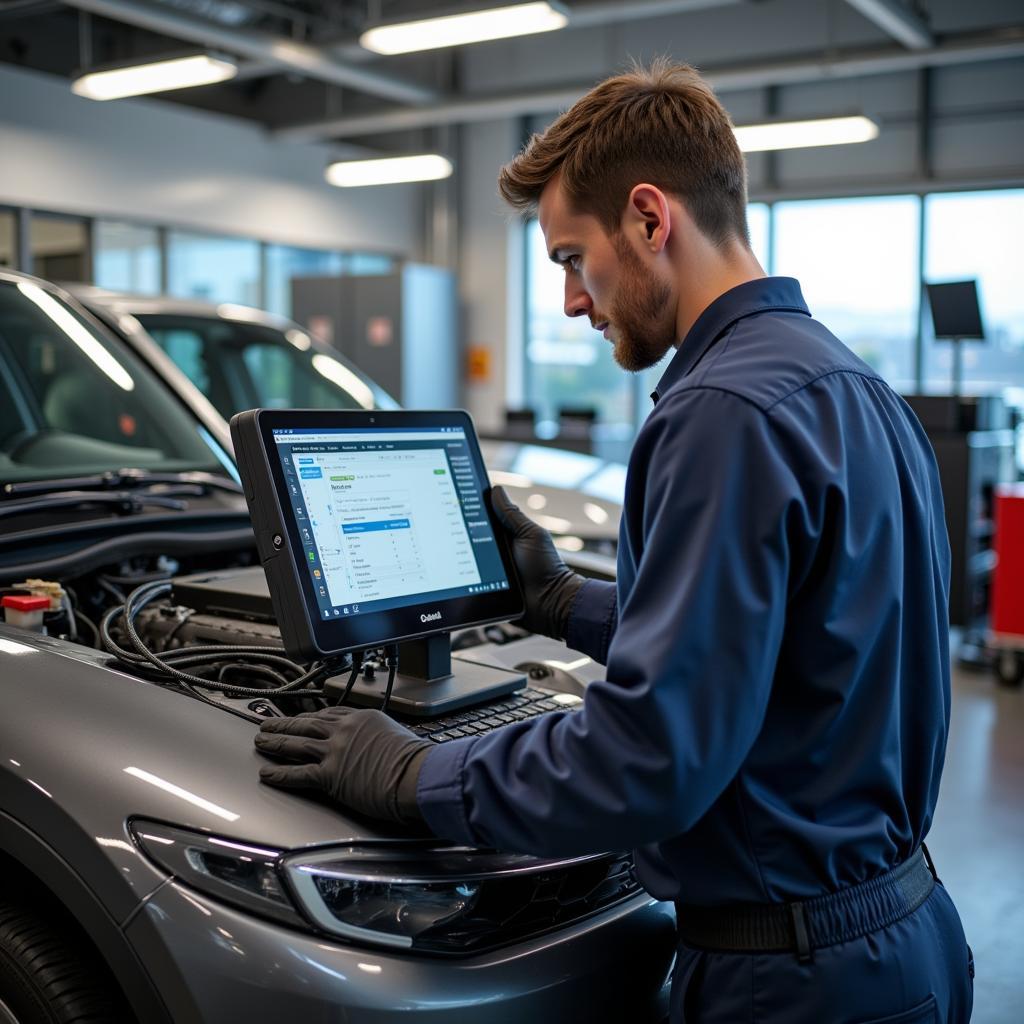 Auto Dealership Service Center: Technician Working on a Car