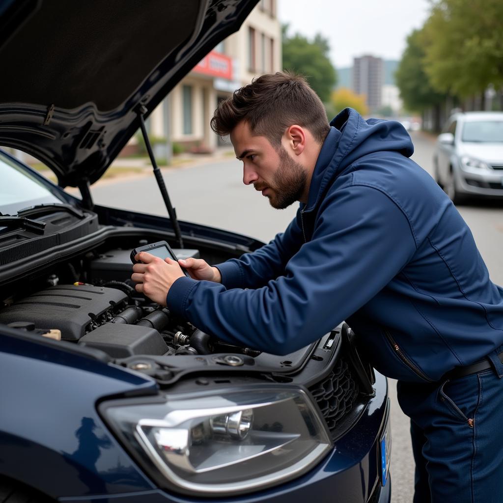 Mechanic performing roadside assistance in Revin