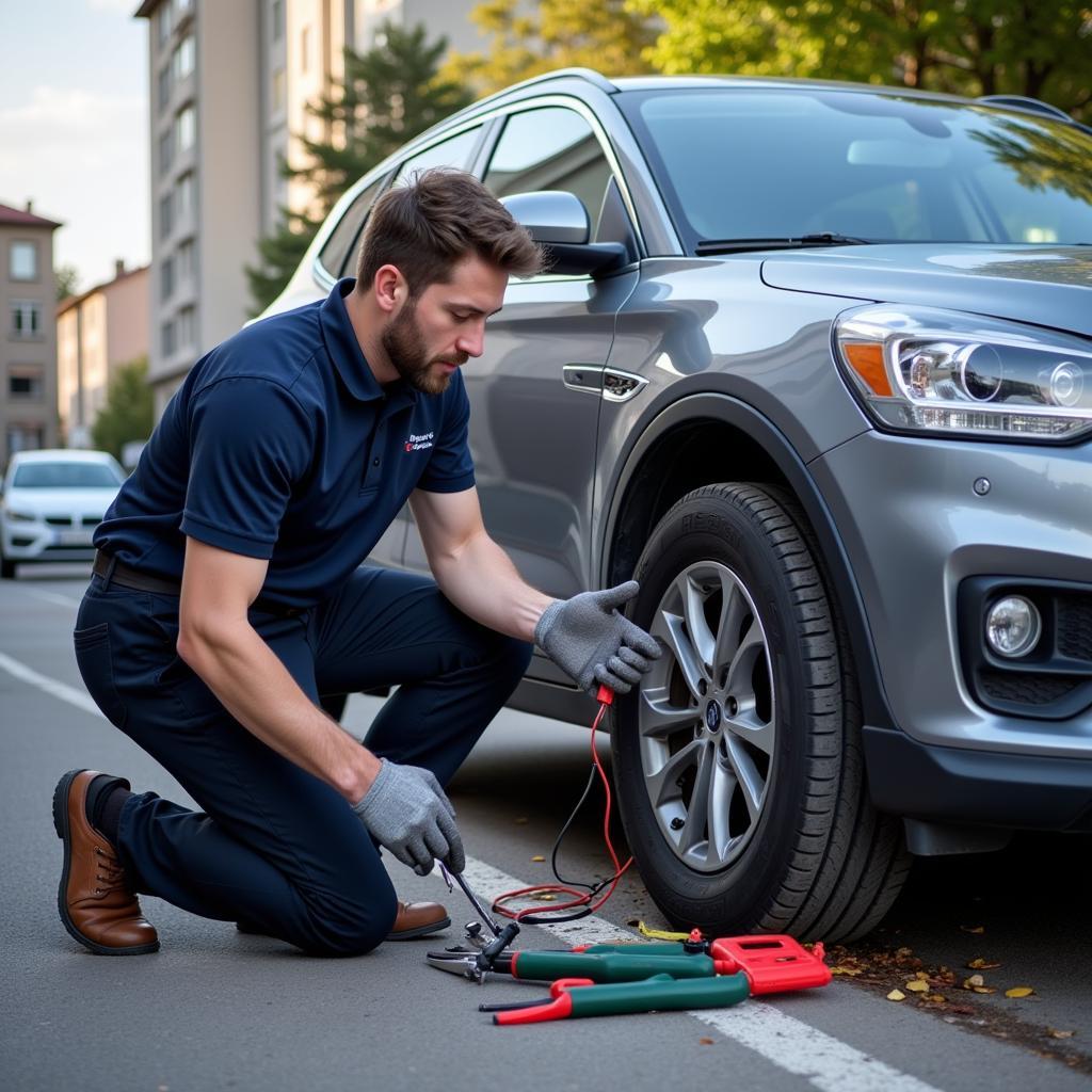 Changing a flat tire with roadside assistance in Revin