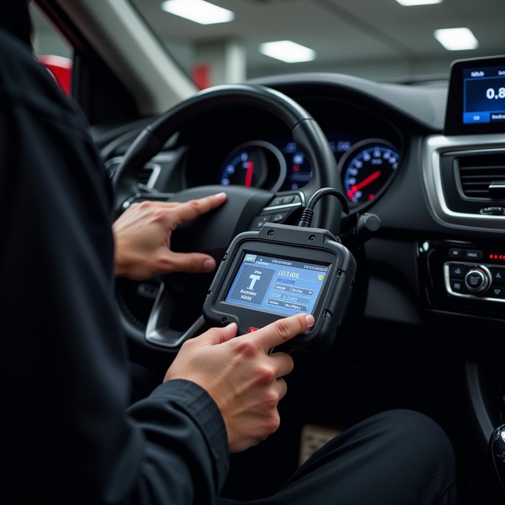 Technician using a diagnostic tool in an auto diagnosis service shop