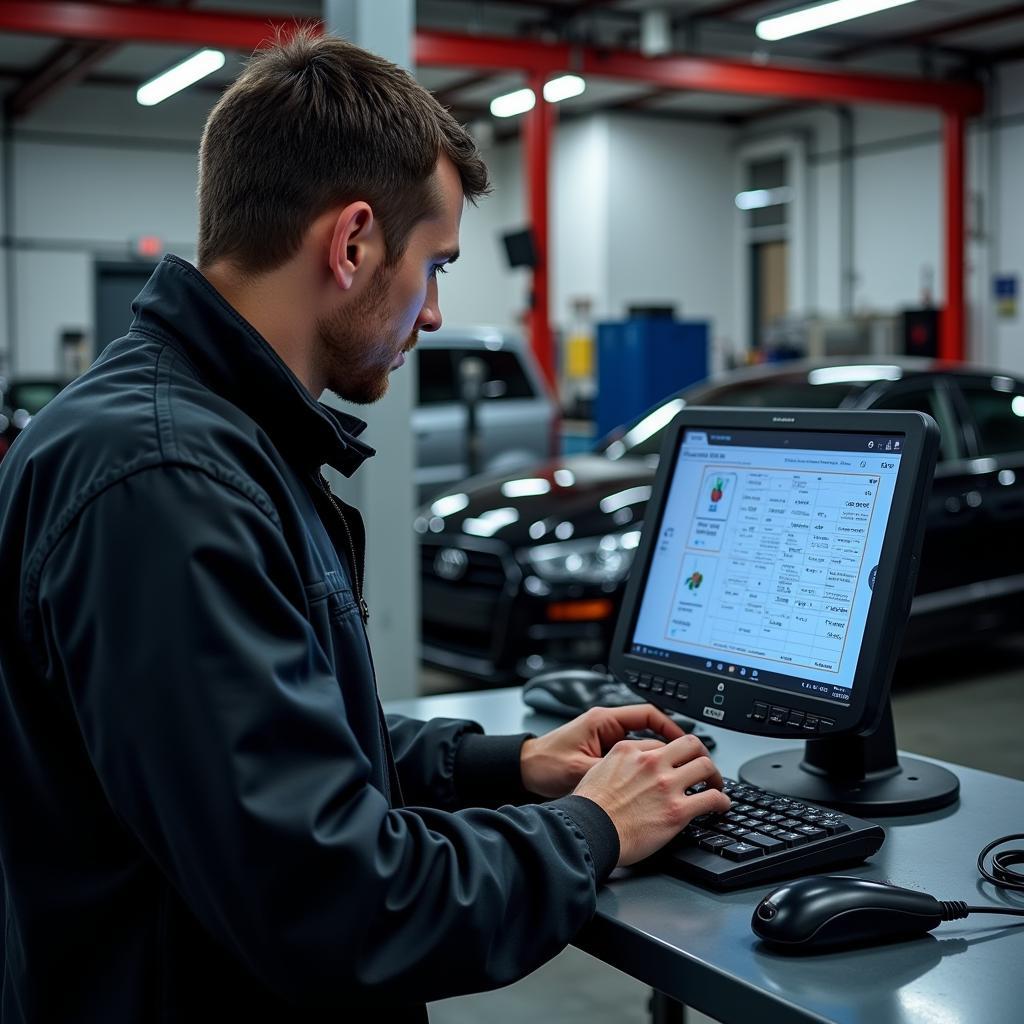 Mechanic using a diagnostic computer in a Marcon service center