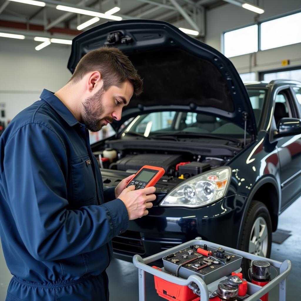 Mechanic Inspecting Car at Auto Fix Service Center