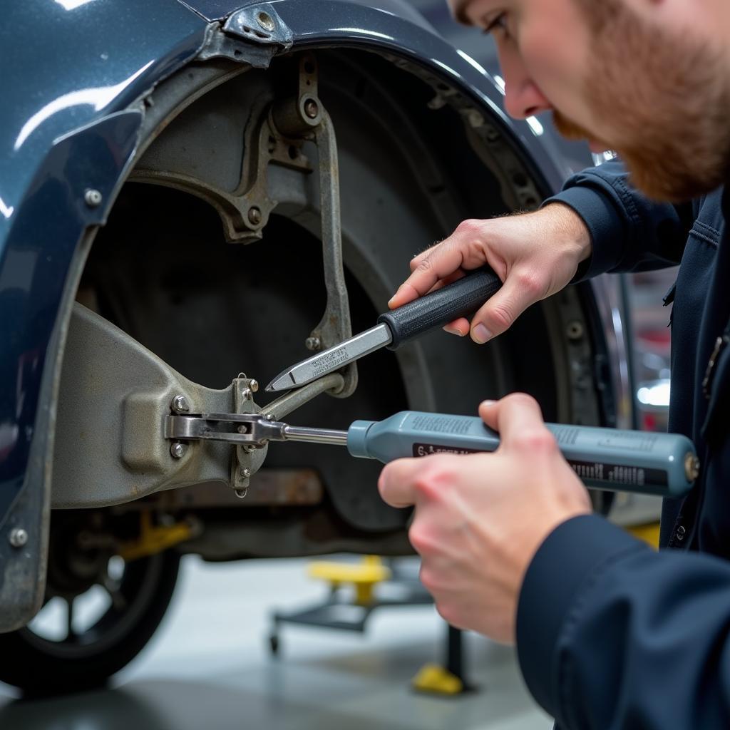 Inspecting a Damaged Car Frame