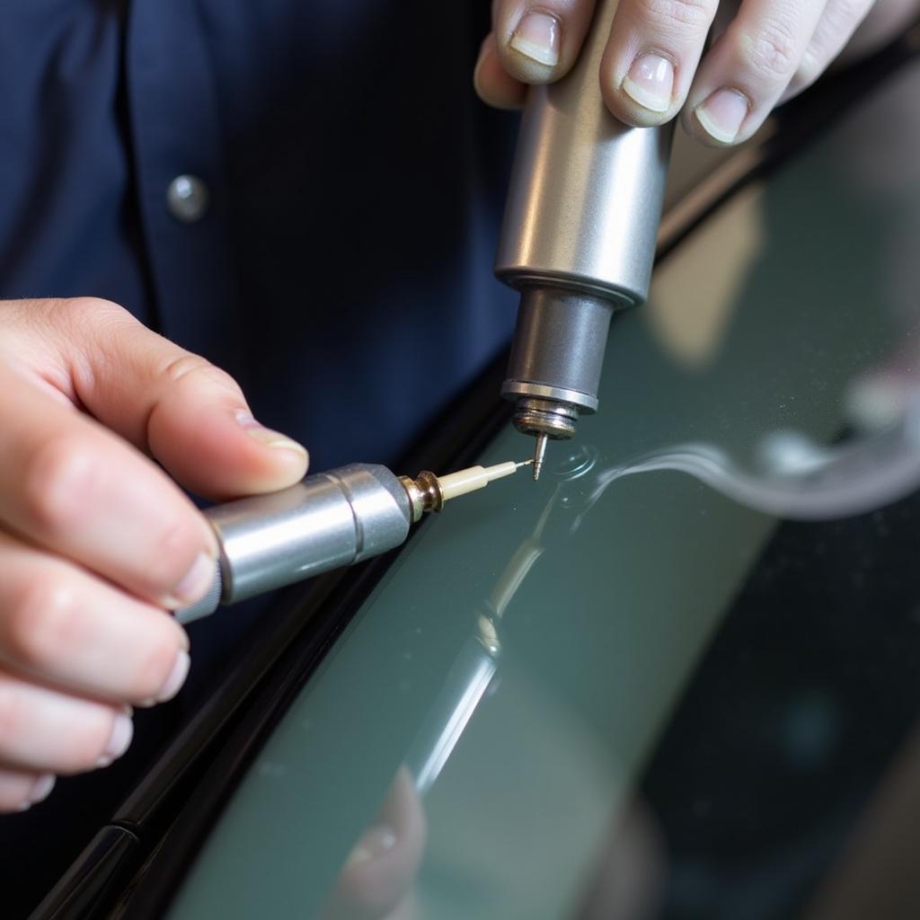 Step-by-step process of repairing a chip in a car windshield. A technician is injecting resin into the chip using specialized tools.