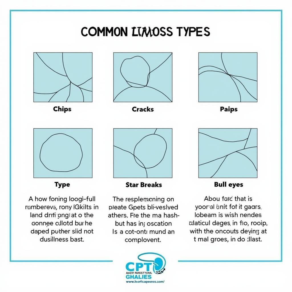 Different types of auto glass damage: chips, cracks, star breaks, bullseyes.