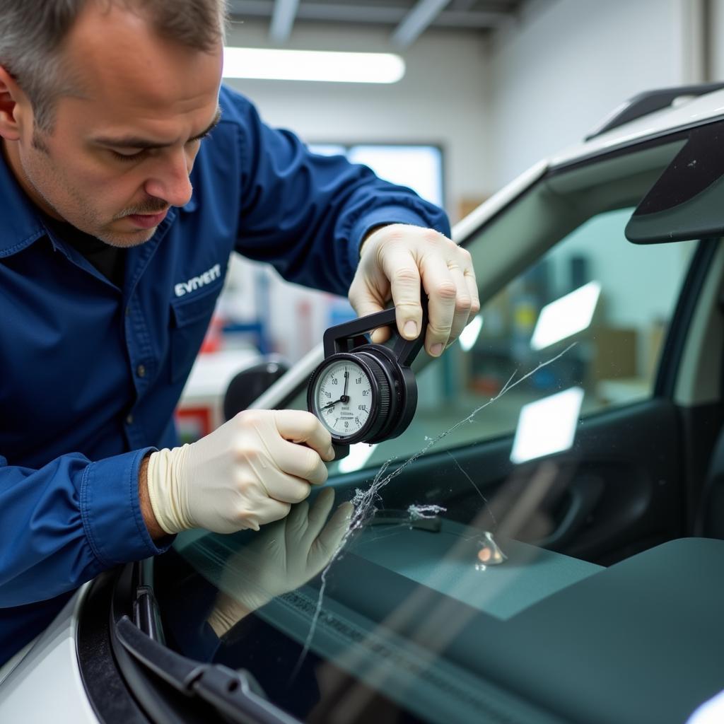 Inspector Measuring Windshield Crack During Auto Glass Inspection